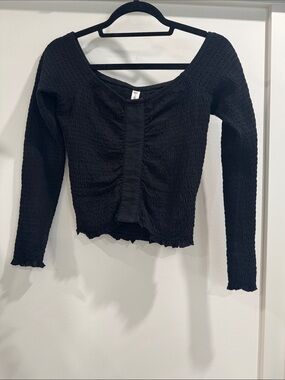 BP Black Long-Sleeve Smocked Square-Neck off shoulder Top